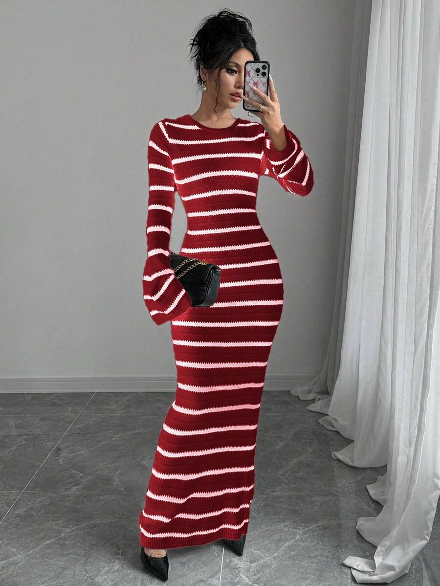 SHEIN ChicEase 女式条纹超长露背系带喇叭袖毛衣连衣裙 - 酒紅色 - 查看 1