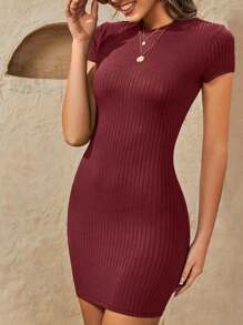 SHEIN Clasi Vestido ajustado de unicolor, de cuello redondo, acanalado, de manga corta, ajustado - Burdeos - Ver 5