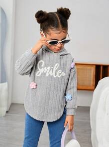SHEIN Jong meisje & Jong meisje 3D bloemen gebreide samengestelde fleece capuchontrui met gebogen zoom, geschikt voor casual dagelijks gebruik
