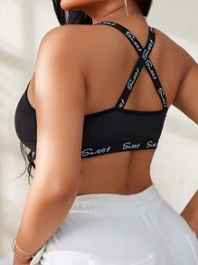 Plus Size Women's Letter Print Rib-Knit Bralette & Wireless Bra Set - Black - View 2