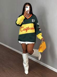 Slaydiva New Casual Street Sports V-Neck Off-Shoulder Long-Sleeved Loose Dark Green Contrasting Yellow English Slogan Logo Printed Women's Sweatshirt-A Graduation,Back To School Outfits,Graduation,Teacher Outfits For Women,Back To School