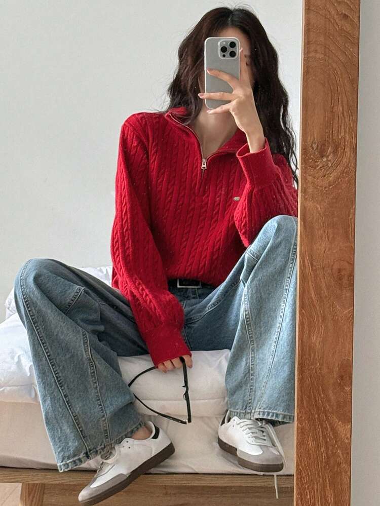 1pc Women Solid Color Front Zipper Long Sleeve Sweater, Casual For Everyday,Fall Women Clothes