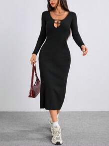 SHEIN Unity Vestido de Tricô Slim Casual de Manga Longa com Recorte Vazado de Cor Sólida, para Outono e Inverno - Preto - Visão 6