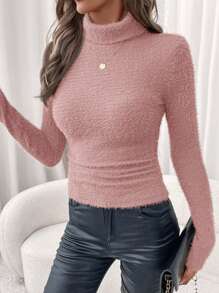 Editum 冬季优雅女士温暖舒适长袖高领仿毛衣弹力修身上衣、加热上衣、保暖上衣 - 粉色 - 查看 5