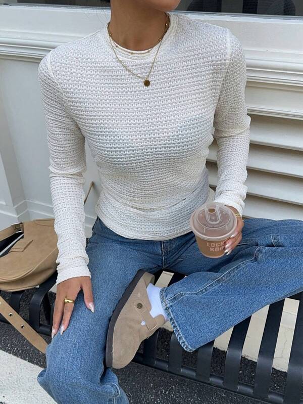 SHEIN Essnce Tricou cu mânecă lungă pentru femei, top casual texturizat slim fit, tricou cu mânecă lungă pentru slăbit cu talie, top cu bază stratificată toamnă/iarnă, îmbrăcăminte pentru damă