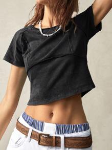 Bohemela Holiday Solid Color Knit Structual Design Round Neck Raglan Sleeve Short Sleeve Fitted Women T-Shirt