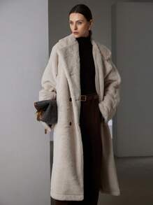 Aveloria Modichic Áo khoác cardigan dài tay chống nước, cổ lông chồn giả dày dặn, sang trọng tối giản, đa năng, ấm áp và chống gió, quần áo dự tiệc mùa thu/đông - Màu be - Xem 6