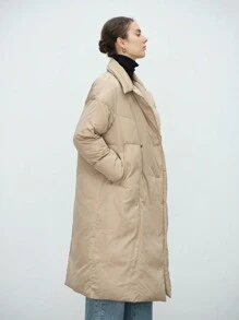 SHEIN Clasi Abrigo acolchado con cierre doble botonadura de unicolor informal de invierno - Caqui - Ver 4