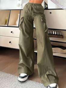 SHEIN EZwear Quần ống rộng cạp cao màu trơn thường ngày cho nữ, màu xanh quân đội - xanh quân đội - Xem 2