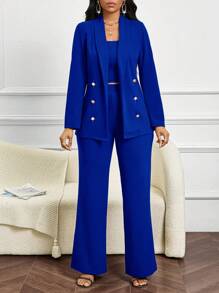SHEIN Lady Conjunto de Terno Feminino com Colete, Blazer e Calça para Convidados de Casamento em Todas as Estações, Terno Feminino na Cor Bordô - Azul Royal - Visão 6