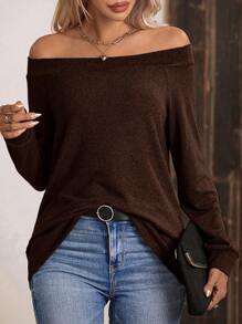 SHEIN LUNE 女士露肩长袖休闲 T 恤，纯色，秋季 - 咖啡棕 - 查看 1