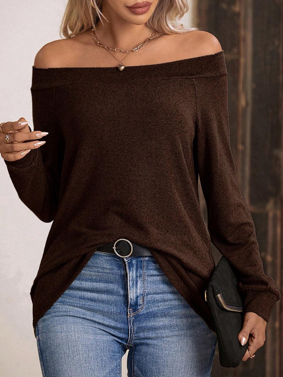 SHEIN LUNE 女士露肩长袖休闲 T 恤，纯色，秋季 - 咖啡棕 - 查看 1