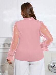 SHEIN Clasi Plus Size Women's Elegant Faux Pearl Decor Mesh Flounced Tie-Neck Blouse - Pink - View 2