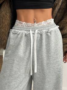 SHEIN EZwear Quần nỉ ống rộng phối ren vá dành cho nữ mùa thu/đông - Xám - Xem 6