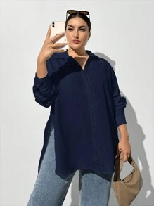 SHEIN Essnce Camisa básica de manga larga con botones, de color azul oscuro, de corte holgado y casual para mujer de talla grande, blusa de mujer, blusas oversize, estilo old money, blusas de trabajo para mujer, ropa de otoño, camisa con abertura lateral alta, camisa básica de manga larga blanca, para homecoming, atuendos de mujer para el aeropuerto - Azul Marino - Ver 6
