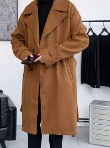 Manfinity Hypemode Men Lapel Collar Drop Shoulder Belted Overcoat - Rust Brown - View 5
