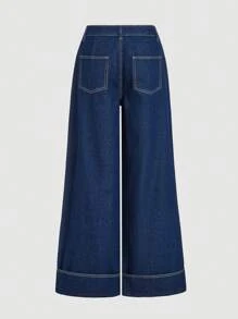 SHEIN MOD Women's Casual Mid-Rise Loose Wide-Leg Blue Jeans