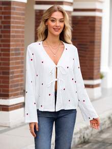 SHEIN VCAY Damen Langarm Bluse mit Herzdetail und Vorderbindung, minimalistisch - Weiss - Übersicht 5