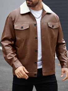 Manfinity Homme Chaqueta casual de otoño/invierno para hombre, con cuello de sherpa y color block en piel de imitación