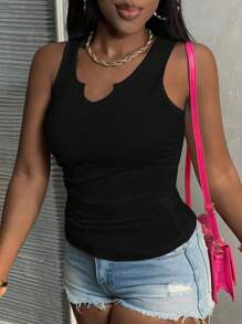 Slaydiva Simplistic Casual Basic Daily Notched Neck Sleeveless Side Ruched Fitted Short Sleeve Ribbed Stretch Black Tank Top For Women - Black - View 6