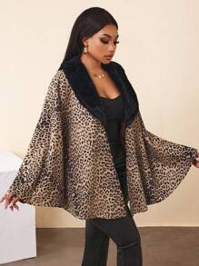Zolique Women Regular Leopard Print Patchwork With Furry Collar Cape Outerwear Fall Cloth For Women - Multicolor - View 7