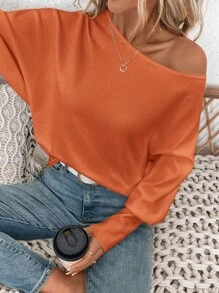 SHEIN LUNE 女士休闲露肩蝙蝠袖套头纯色针织毛衣，宽松针织上衣，适合秋冬季 - 珊瑚橙 - 查看 6