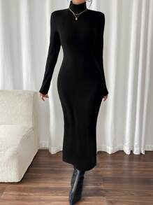 Chiquease 欧美时尚休闲日常百搭高领保暖修身长袖黑色紧身中长连衣裙，女款，秋冬 - 黑色 - 查看 5