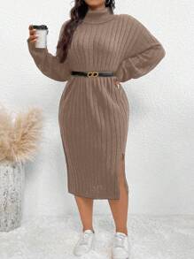 SHEIN Frenchy Plus Size Solid Color Turtleneck Ribbed Split Hem Elegant Long Sleeve Knit Sweater Dress, For Winter
