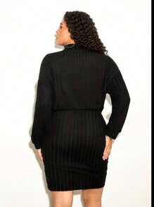 SHEIN Tall CURVE Vestido de manga larga con cuello alto y punto acanalado de talla grande - Negro - Ver 2