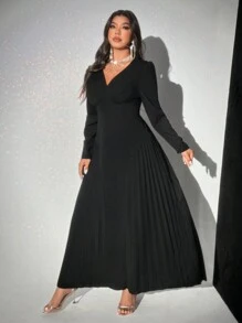 Viva Relle 大码女式 V 领长袖褶皱连衣裙长款女式服装 - 黑色 - 查看 2
