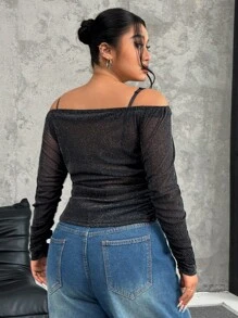 SHEIN EZwear Damen Große Größen Silber-Faden transparente Bluse, minimalistische Mode Lässig Alltagskleidung - Schwarz - Übersicht 2