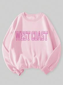 SHEIN EZwear 女士休闲圆领西海岸印花运动衫，秋冬款 - 粉色 - 查看 3