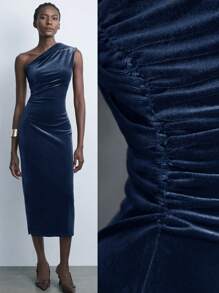 Maija Autumn/Winter New Urban Chic Elegant Party And Casual Vintage Outdoor Mocha Brown Velvet Waist Cinched Long Dress For Women,,Summer Clothes,Summer Outfits ,Country Concert Outfit ,Streetwear Women,Stockholm Style,Stockholm Style,Club,Teacher, Teacher Outfits For Women - Dusty Blue - View 2