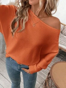 SHEIN LUNE 女士休闲露肩蝙蝠袖套头纯色针织毛衣，宽松针织上衣，适合秋冬季 - 珊瑚橙 - 查看 1