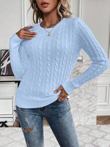 EMERY ROSE Women's Solid Color Round Neck Long Sleeve Casual Pullover Sweater, Autumn/Winter Knit Pullover Fall - Blue - View 5