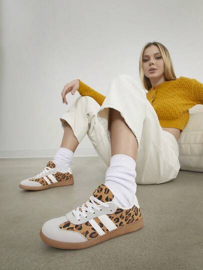 SHUZIA Women's Brown Leopard Print White Two-Stripes Timeless Icon Street Style OG Sneakers With Gum Rubber Sole - Classic, Everyday Versatile New Year Holiday Easter Tainers