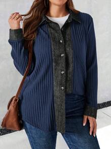 EMERY ROSE Plus Size Women's Fuzzy Black Spliced Shirt Collar Fall Jacket,Winter Clothes For Women - Blue - View 6