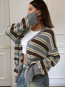 DAZY Loose Contrast Stripe V-Neck Cardigan For Women - Grey - View 7