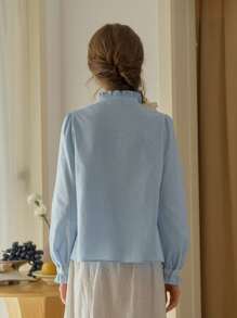 Simple Retro 女装春夏休闲小立领蕾丝撞色拼接蓝色优雅复古优雅情人节长袖衬衫 - 藍色 - 查看 2