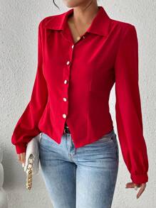Chiquease 腰部蝴蝶结装饰前开长袖衬衫，圣诞红色可爱优雅女式衬衫，适合新年服装 - 紅色 - 查看 4