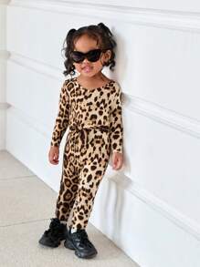 SHEIN Babygirl Snug Fit Leopard Print Long Sleeve Jumpsuit With Waistband, Cute Winter Knit - Brown - View 4