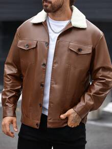 Manfinity Homme Chaqueta casual de otoño/invierno para hombre, con cuello de sherpa y color block en piel de imitación
