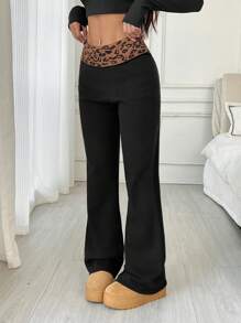 Muchica 女款秋冬新款黑色豹纹拼接高腰喇叭针织裤 - 彩色 - 查看 5