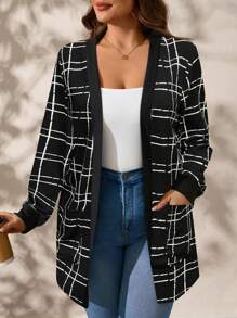 SHEIN Clasi 大码女式格子长袖口袋休闲长夹克，秋冬 - 黑與白 - 查看 1