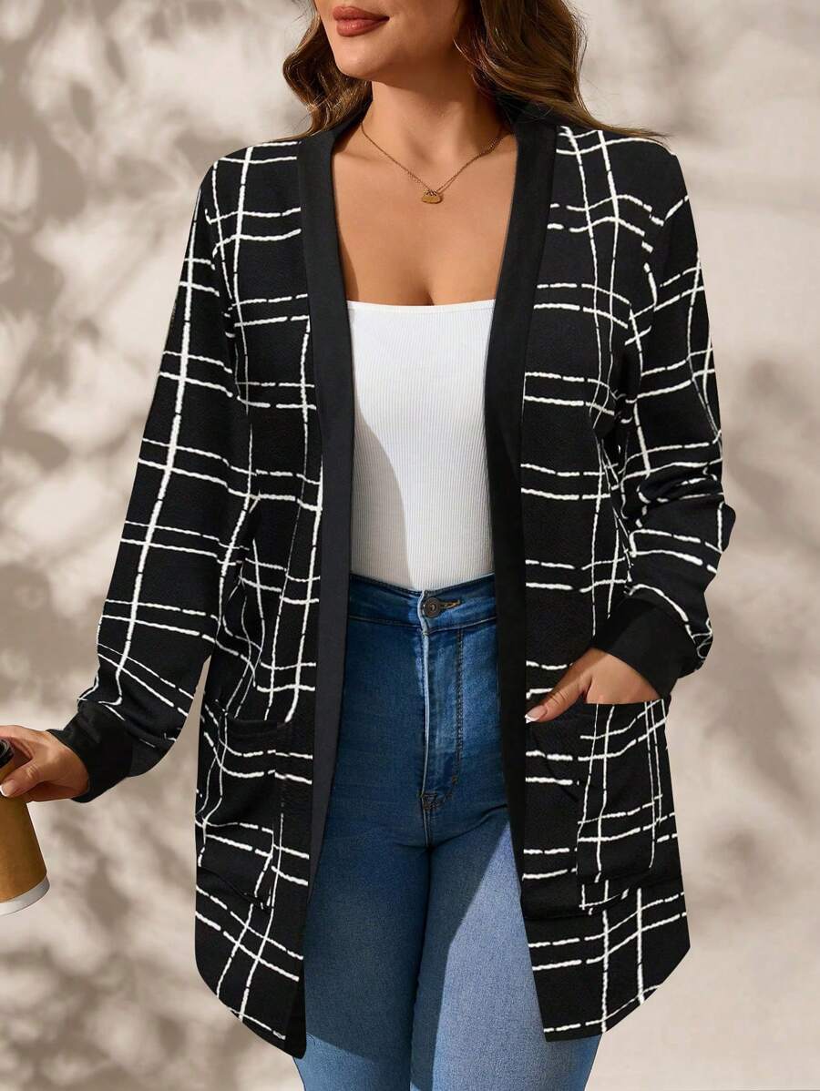 SHEIN Clasi 大码女式格子长袖口袋休闲长夹克，秋冬 - 黑與白 - 查看 1