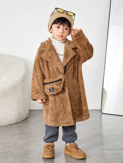 2pcs Set Young Boys' Casual Loose Soft Solid Color Plush Long Hooded Jacket With Zipper & Crossbody Bag, Suitable For Back To School, Birthday, Baby Shower, Festival Party, Autumn/Winter