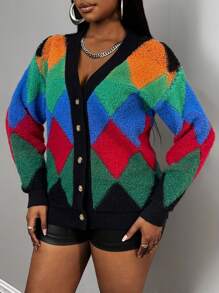Slaydiva New Winter Contrast Color Knitted Cardigan, Casual Streetwear For Valentine's, New Year, Party, Daily Wear