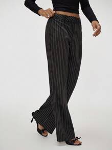 Forever 21 Quần âu kẻ sọc cạp thấp không đối xứng bó sát dáng loe thời trang thu đông cho nữ - Xám - Xem 6