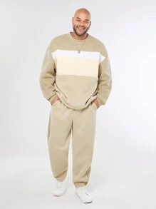 Manfinity NXTstreet Conjunto de sudadera de cuello redondo de manga larga de punto holgado y pantalón de chándal para hombre de talla grande