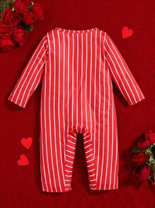 SHEIN 男婴可爱绅士风格服装，配有 3D 红色领结连体衣，适合情人节、派对、拍照、生日活动、秋季 - 紅色 - 查看 2